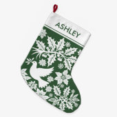 Green Holiday Toile Dove Holly and Poinsettia  ラージクリスマスストッキング (正面 (吊り時))