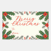 Green Holly Leaves and Red Berry Merry Christmas 長方形シール (正面)