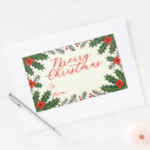 Green Holly Leaves and Red Berry Merry Christmas 長方形シール (封筒)