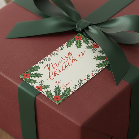 Green Holly Leaves and Red Berry Merry Christmas 長方形シール