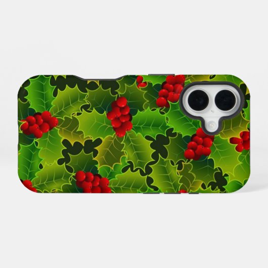 Green Holly with Red Berries Phone Case iPhone 16ケース (裏面横)