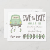 Green Honeymoon車Save the Date 結婚's 案内ポストカード (正面/裏面)