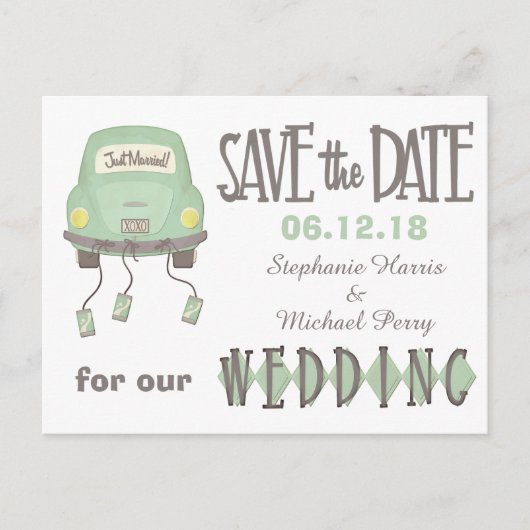 Green Honeymoon車Save the Date 結婚's 案内ポストカード (正面)