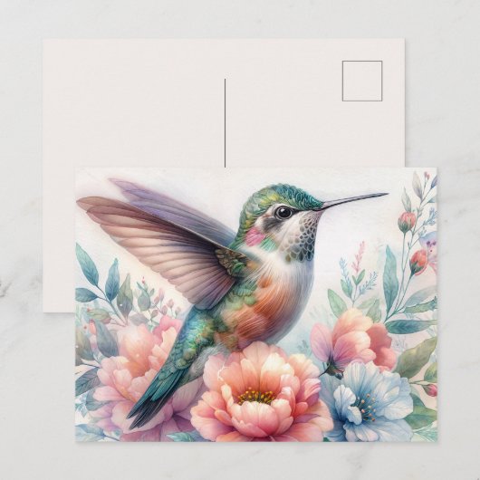 Green Hummingbird Floral Watercolor Postcard ポストカード (正面/裏面)