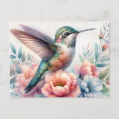 Green Hummingbird Floral Watercolor Postcard ポストカード (正面)