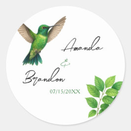 Green Hummingbird Leafy Botanical Border Wedding ラウンドシール