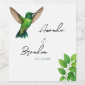 Green Hummingbird Leafy Botanical Border Wedding ワインラベル (シングルラベル)