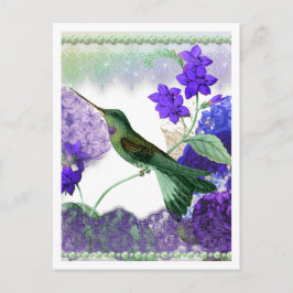 Green Hummingbird with flowers, lace, pearls ポストカード