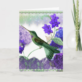 Green Hummingbird with flowers, lace, pearls card カード