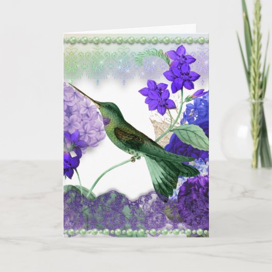 Green Hummingbird with flowers, lace, pearls card カード (正面)