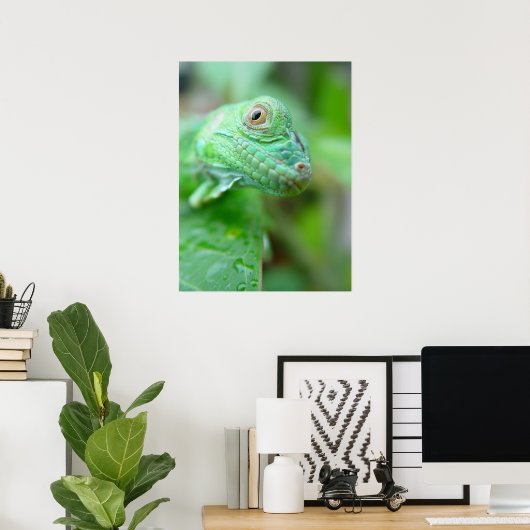Green Iguana Lizard Reptile On Leaf Poster ポスター (ホームオフィス)