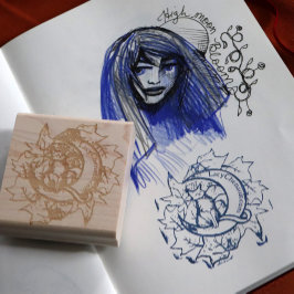 Green Ivy Cat Moon Child Art Luna Cats ラバースタンプ