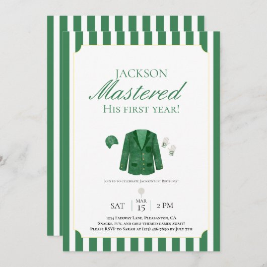 Green Jacket Golf First Birthday Invitation 招待状 (正面/裏面)