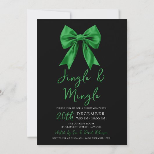 Green Jingle & Mingle Christmas Party Bow Black  招待状 (正面)