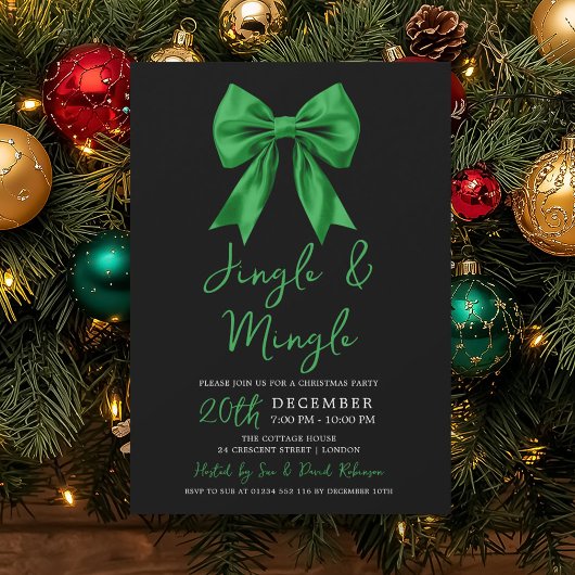 Green Jingle & Mingle Christmas Party Bow Black  招待状