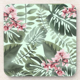 Green Jungle Print and Orchids Plastic Coaster Set コースター