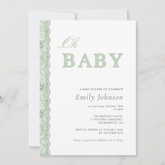 Green Lace Gender Neutral Baby Shower Invitation 招待状 (正面)