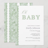 Green Lace Gender Neutral Baby Shower Invitation 招待状 (正面/裏面)