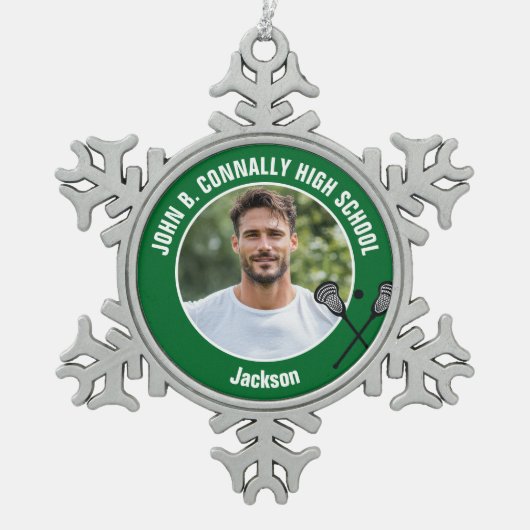 Green Lacrosse Player Photo High School スノーフレークピューターオーナメント (正面)