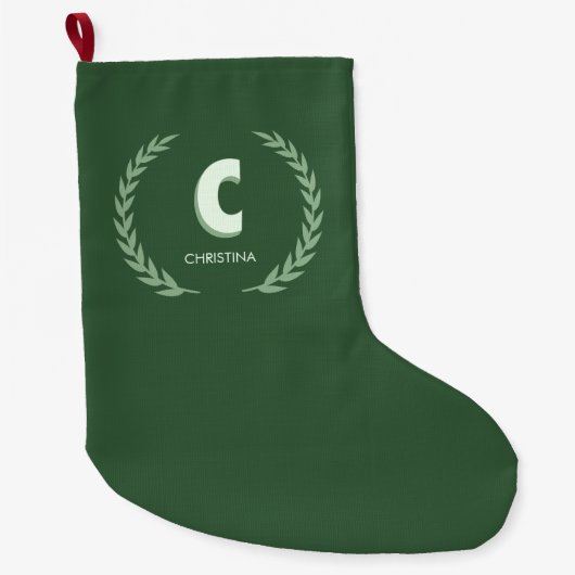 Green Laurel Wreath Letter C Monogram ラージクリスマスストッキング (正面)