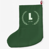 Green Laurel Wreath Letter L Monogram ラージクリスマスストッキング (裏面)