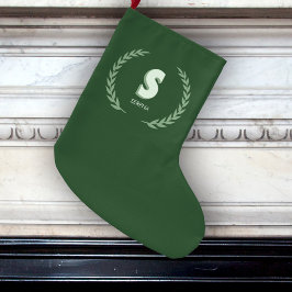 Green Laurel Wreath Letter S Monogram  ラージクリスマスストッキング
