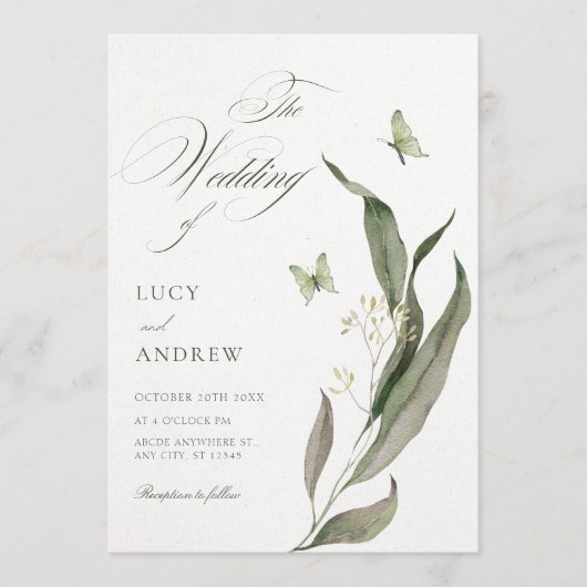 Green leaf Aesthetic elegant wedding 招待状 (正面)