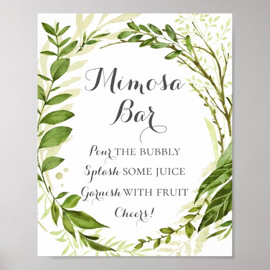 Green Leaf Mimosa Bar Sign, Rustic Greenery ポスター (正面)