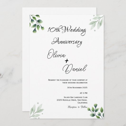 Green Leaf' Standard 10th Wedding Anniversary  招待状 (正面/裏面)
