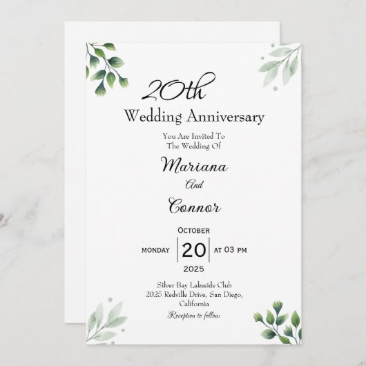 Green Leaf' Standard 20th Wedding Anniversary 招待状 (正面/裏面)