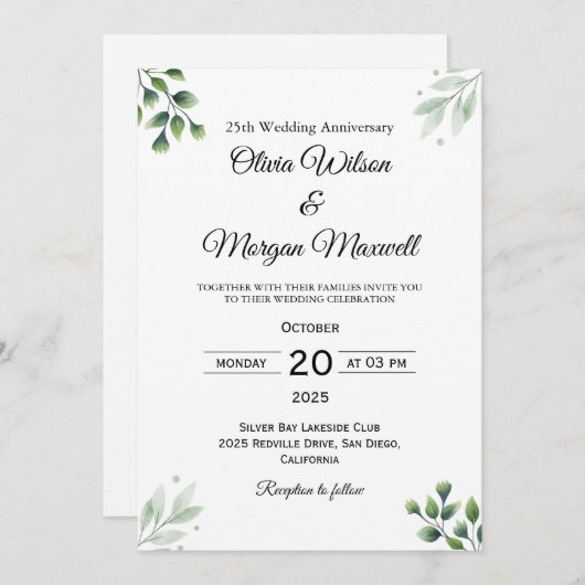 Green Leaf' Standard 25th Wedding Anniversary  招待状 (正面/裏面)