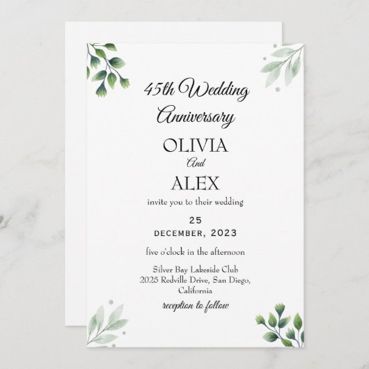 Green Leaf' Standard 45th Wedding Anniversary  招待状 (正面/裏面)
