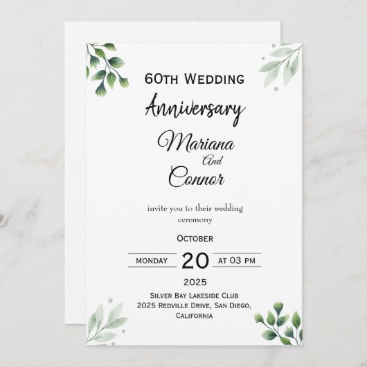 Green Leaf' Standard 60th Wedding Anniversary  招待状 (正面/裏面)