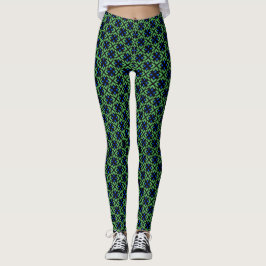 Green leafy pattern with blue petals Leggings レギンス