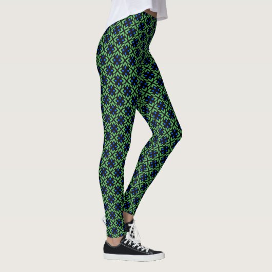 Green leafy pattern with blue petals Leggings レギンス (右)