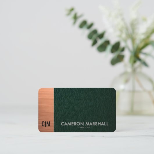 Green Leather and Copper Monogram with White Back 名刺 (スタンド正面)