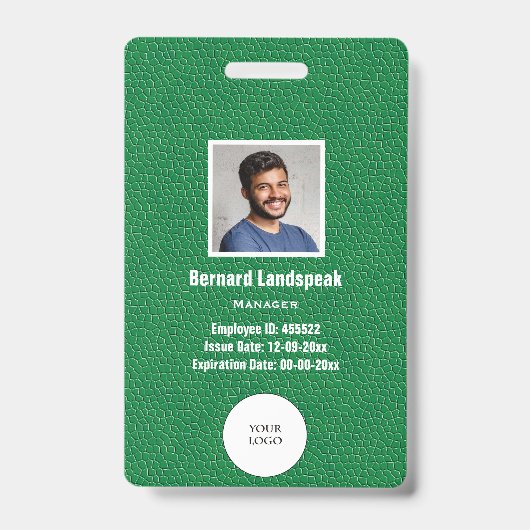 Green Leather & Employee Photo & Logo, Bar code バッジ (正面)