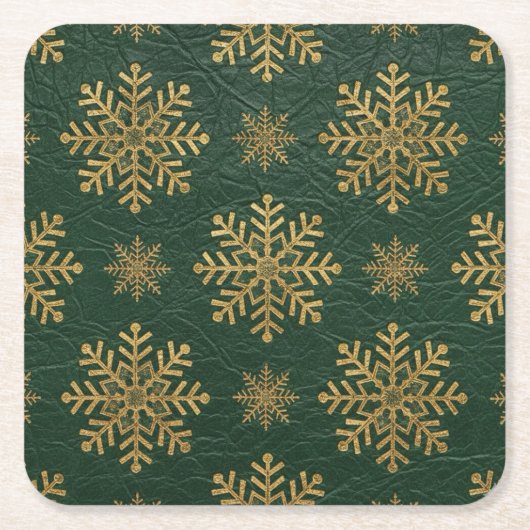 Green Leather Tooled with Gold Snowflakes スクエアペーパーコースター (正面)