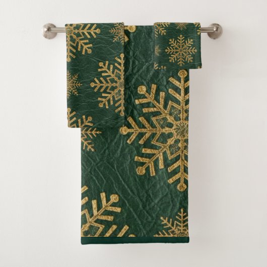 Green Leather Tooled with Gold Snowflakes Initials バスタオルセット (インサイチュ)