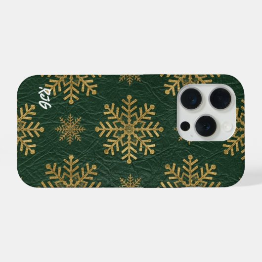 Green Leather Tooled with Gold Snowflakes Initials iPhoneケース (裏面横)