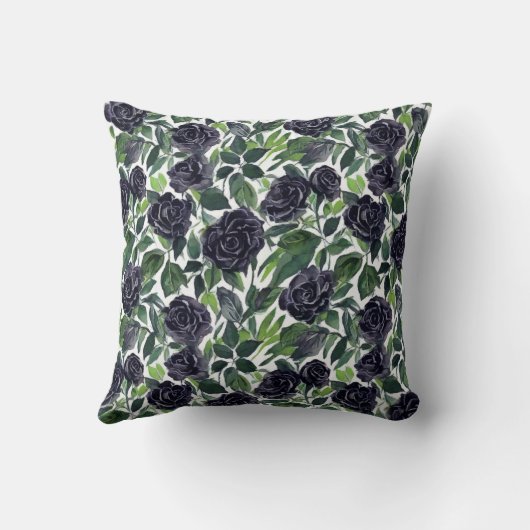 Green-leaved black roses watercolor pattern クッション (裏面)
