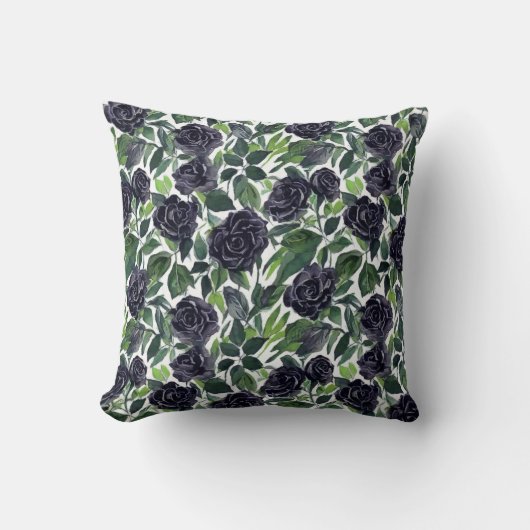 Green-leaved black roses watercolor pattern クッション (正面)