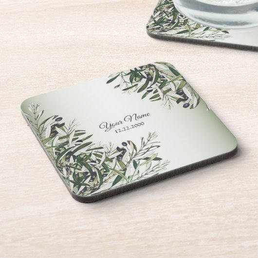 Green Leaves Black Olive Elegant Wedding Party コースター (左側)
