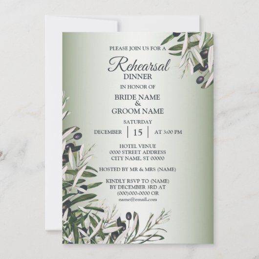 Green Leaves Black Olive Rehearsal Dinner Party 招待状 (正面)