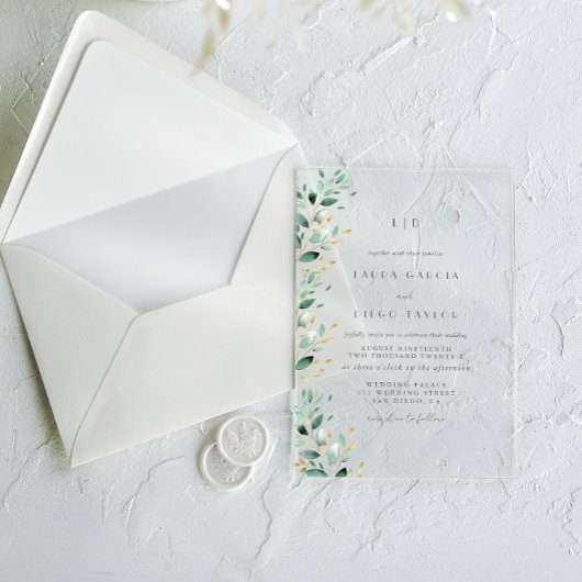 Green Leaves Elegant Monogram Wedding アクリル招待状