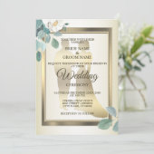 Green Leaves Flower Golden Frame Elegant Wedding 招待状 (スタンド正面)