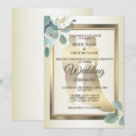 Green Leaves Flower Golden Frame Elegant Wedding 招待状