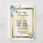 Green Leaves Flower Golden Frame Engagement Party 招待状 (正面)