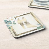 Green Leaves Flower Golden Frame Wedding Party コースター (左側)