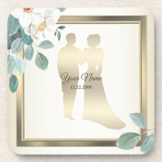 Green Leaves Flower Golden Frame Wedding Party コースター